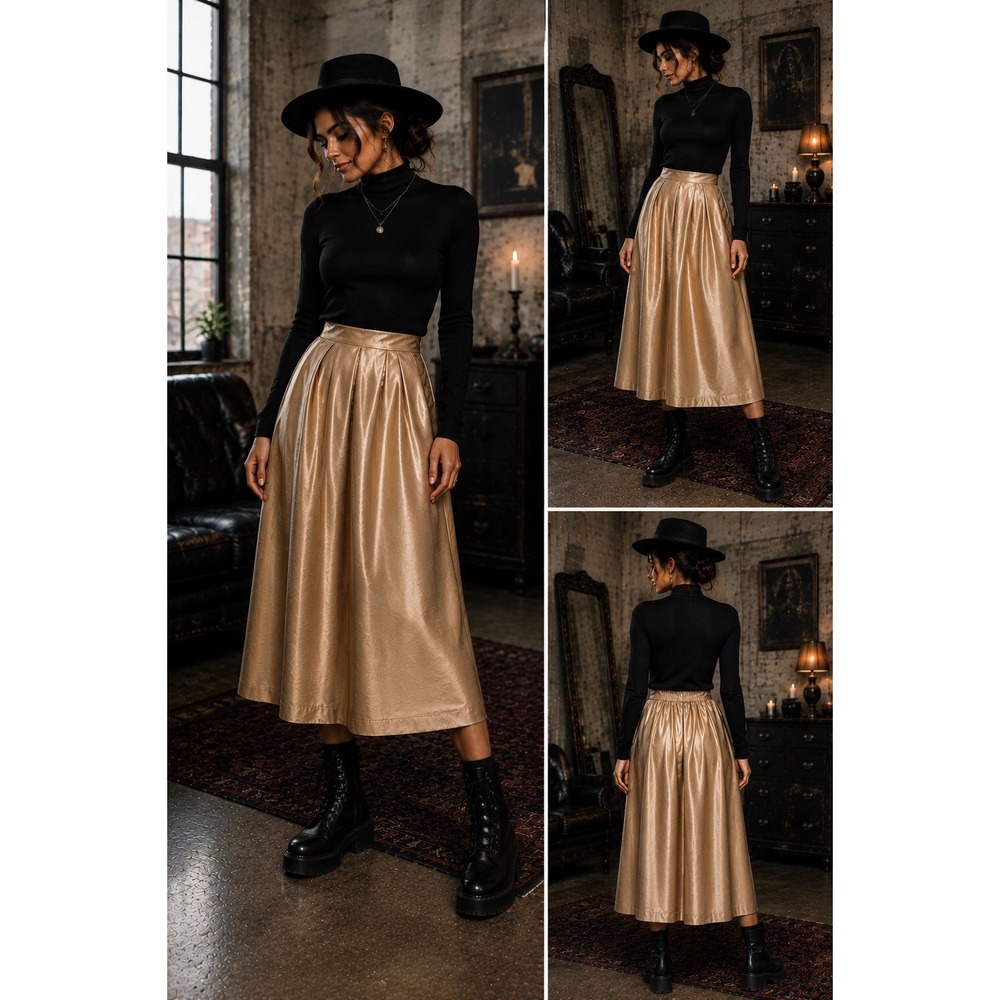 db Established 1962 Gold Metallic Midi Skirt Large Pleated Party Holiday